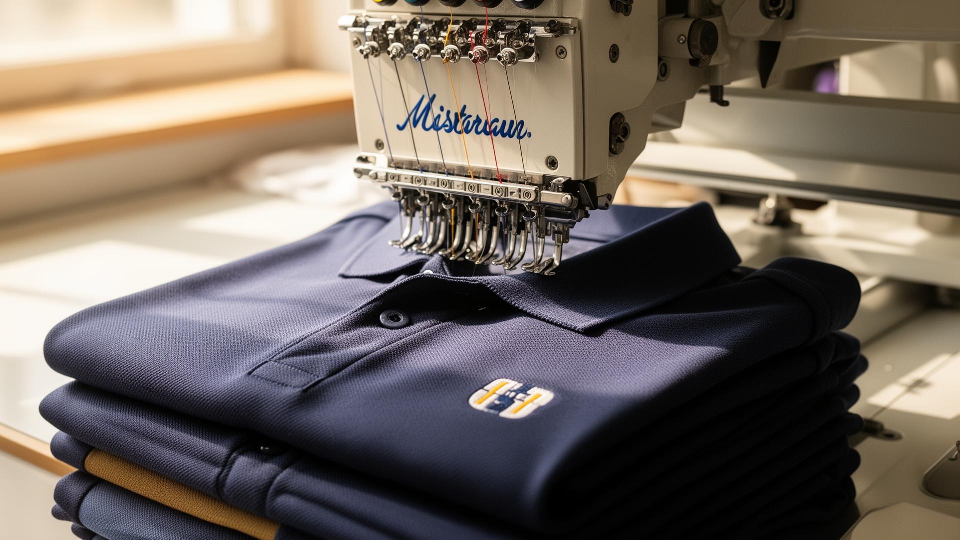 Embroidery machine stitching a navy corporate polo at the Bookout & Co. workshop